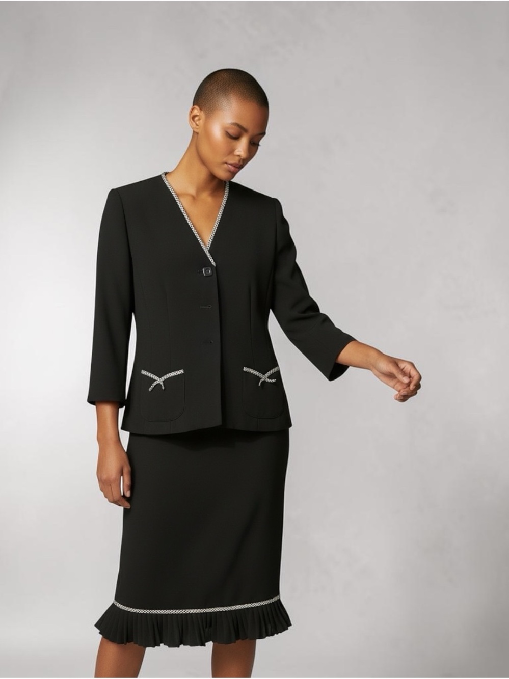 Black V-Neck Women's Blazer with Contrast Trim